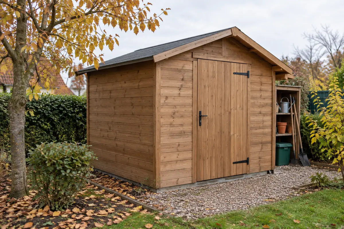Abri de jardin inspecté avant l’hiver, avec outils rangés et feuilles dégagées autour de sa base