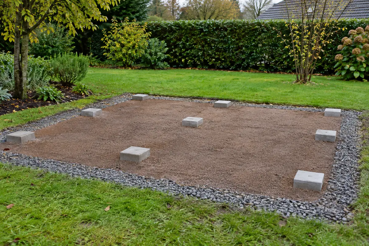Terrain nivelé avec une base de gravier et des plots alignés pour préparer un abri de jardin.