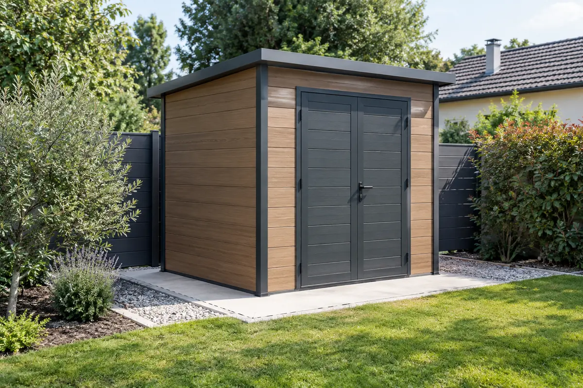 Abri de jardin installé sur une dalle, avec des repères au sol près de la clôture pour visualiser son emprise.