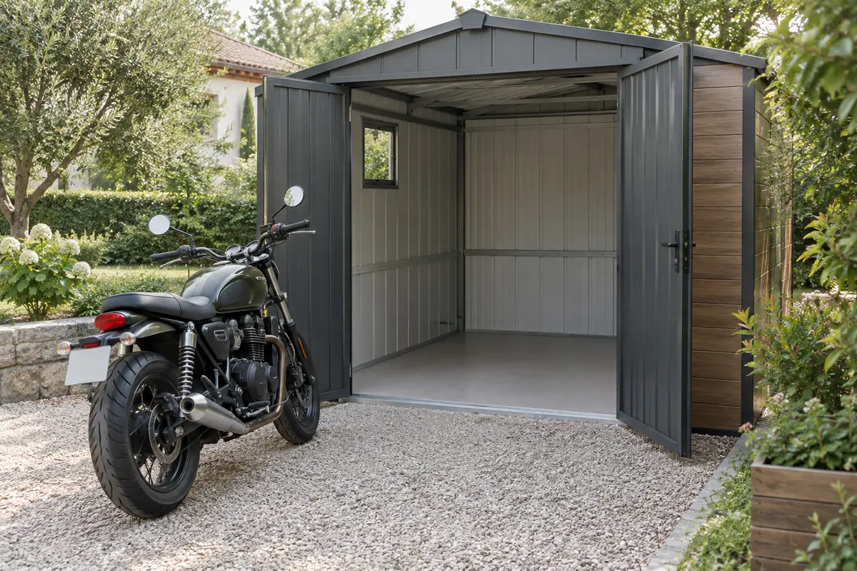 Moto face à un abri ouvert, avec un passage dégagé et de l’espace pour manœuvrer.