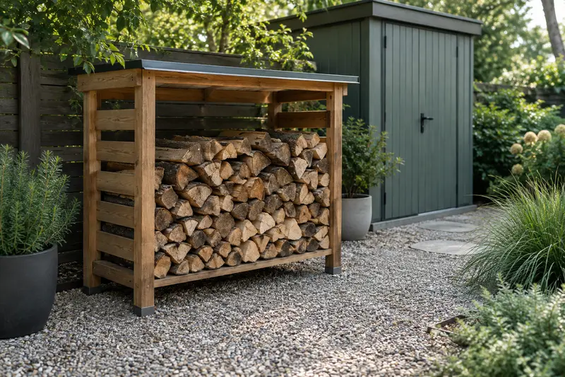 Abri de rangement installé dans un jardin soigné, avec un accès dégagé et des équipements protégés.