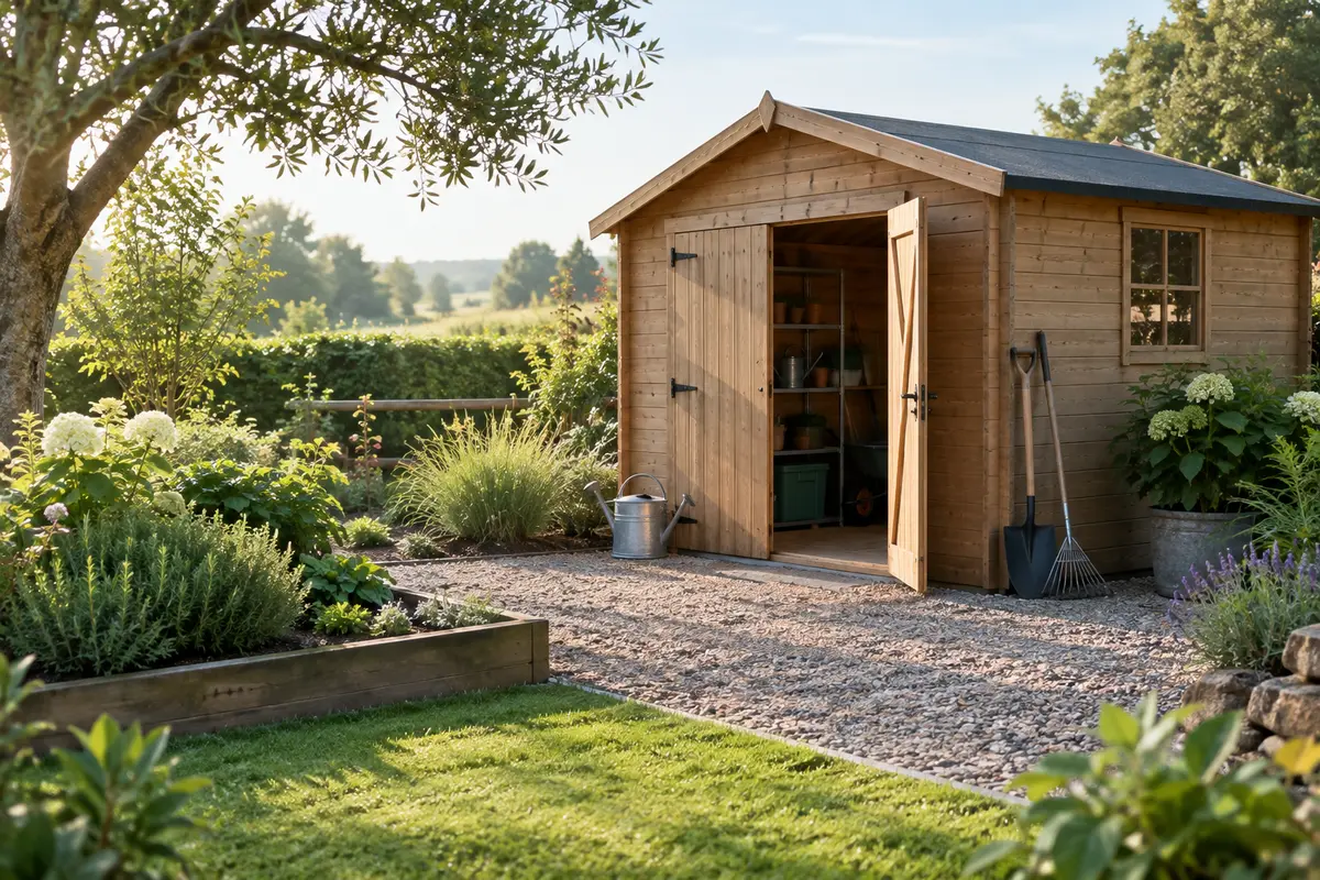 Abri de jardin intégré à un espace extérieur ordonné, avec une allée dégagée et des équipements rangés.